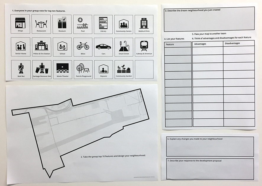 student activity board showing city features, map, and areas for notes